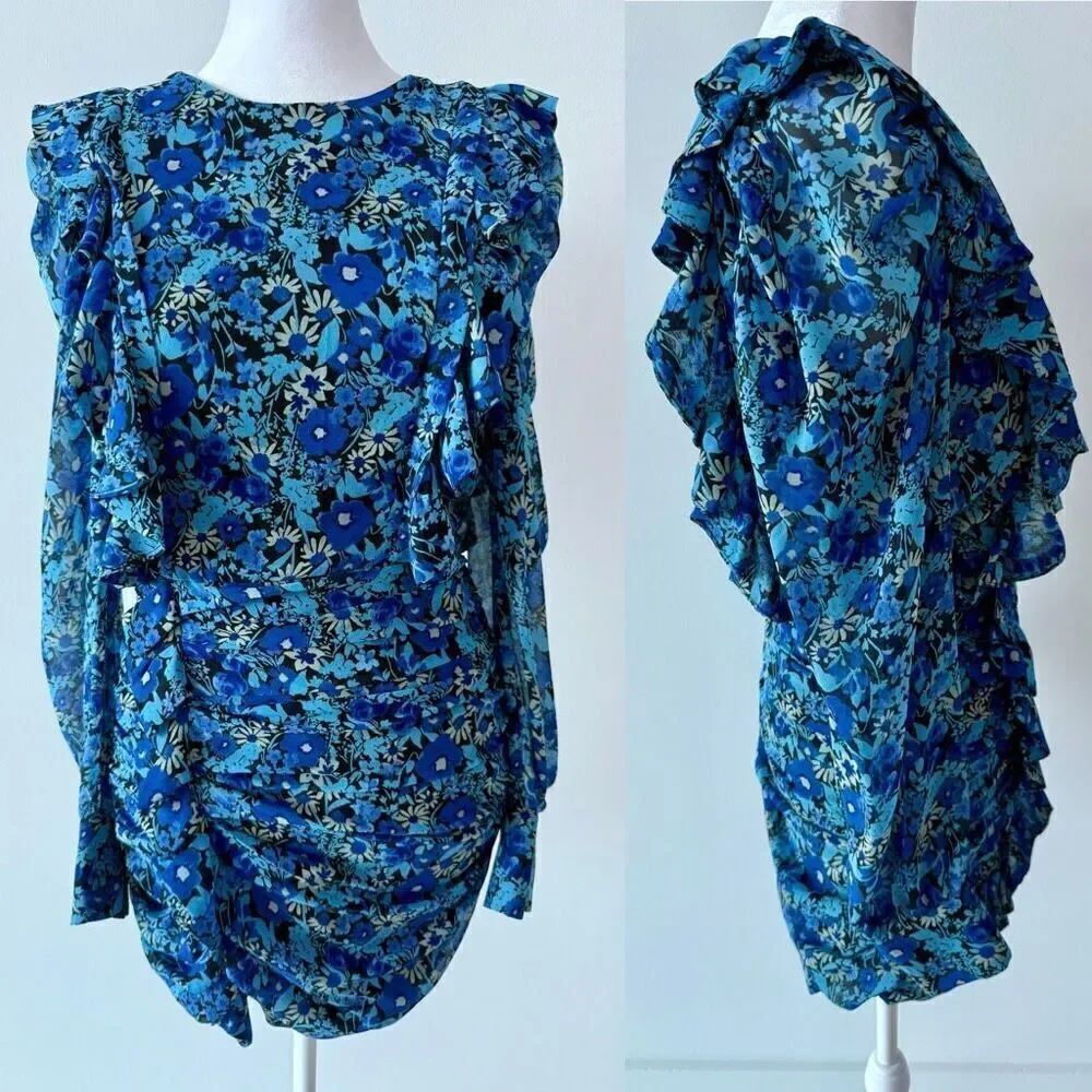 🦋 ZARA Blogger Favorite Draped Romantic Ruffle Ruching Keyhole Floral Mini Dress - Picture 2 of 15